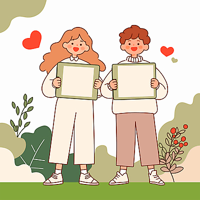 전신 여자 남자 일러스트 안내 미소 들기 성인 두명 초록색 하트 판넬 풀 성인만 카피스페이스 국내일러스트 AI파일 모양 식물 컬러 모션 표정 사람 공백 파일형식 벡터