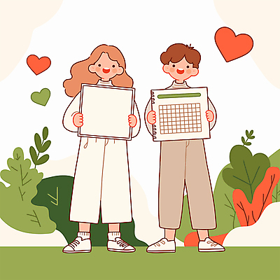 전신 여자 남자 종이 일러스트 안내 미소 들기 성인 두명 초록색 하트 풀 성인만 카피스페이스 국내일러스트 AI파일 모양 식물 컬러 모션 표정 사람 공백 파일형식 벡터