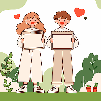 전신 여자 남자 화분 종이 일러스트 안내 미소 들기 성인 두명 초록색 하트 풀 스케치북 성인만 카피스페이스 국내일러스트 AI파일 모양 식물 컬러 모션 학용품 표정 사람 공백 파일형식 벡터