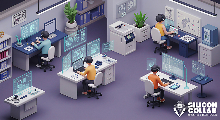 전신 PSD 편집이미지 여자 남자 화분 의자 미래 앉기 여러명 성인 노트북 컴퓨터 사무실 3D 직장인 인쇄기 책상 진열장 첨단기계 홀로그램 성인만 AI_인공지능 편집3D 직업 가구 다수 컨셉 비즈니스 모션 사람 전자제품 기계 디지털합성 파일형식