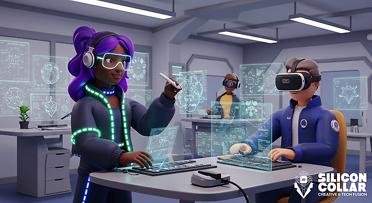 PSD 편집이미지 여자 남자 화분 의자 미래 들기 앉기 성인 세명 사무실 펜 3D 헤드셋 키보드 직장인 책상 첨단기계 홀로그램 성인만 VR기기 AI_인공지능 편집3D 직업 음향기기 가구 컨셉 비즈니스 모션 사람 필기구 헤드폰 기계 디지털합성 가상현실 파일형식