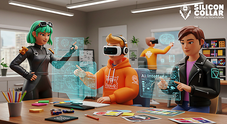 PSD 편집이미지 여자 남자 미래 앉기 여러명 성인 사무실 3D 손들기 직장인 누름 책상 진열장 연필꽂이 첨단기계 홀로그램 성인만 VR기기 AI_인공지능 편집3D 직업 가구 다수 컨셉 비즈니스 모션 문구용품 사람 기계 디지털합성 가상현실 파일형식