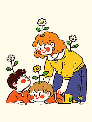 여자 남자 꽃 어린이 엎드리기 일러스트 허리숙이기 미소 들기 소년 성인 세명 마주보기 물뿌리개 국내일러스트 AI파일 식물 모션 표정 숙이기 사람 파일형식 벡터