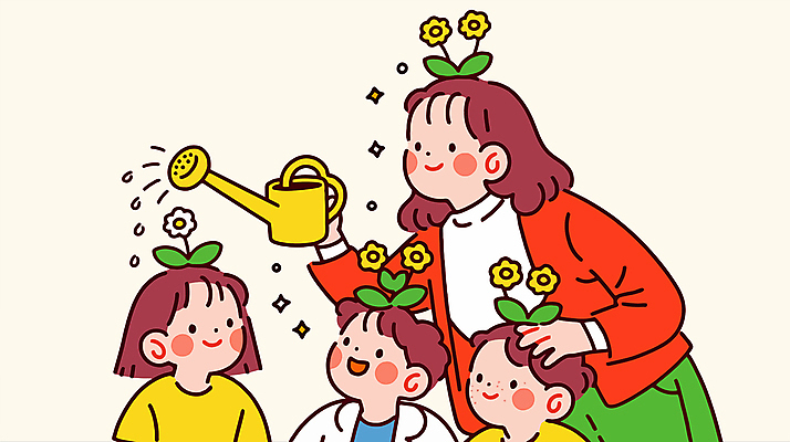 여자 남자 꽃 어린이 일러스트 허리숙이기 미소 들기 소녀 소년 여러명 성인 반짝임 물뿌리개 물주기 국내일러스트 AI파일 식물 다수 모션 표정 숙이기 사람 파일형식 벡터