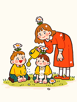 전신 여자 남자 꽃 어린이 일러스트 허리숙이기 미소 들기 앉기 소녀 소년 잔디 성인 세명 물뿌리개 물주기 국내일러스트 AI파일 식물 모션 표정 숙이기 사람 파일형식 벡터