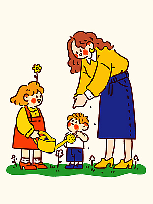 여자 남자 꽃 어린이 일러스트 허리숙이기 미소 들기 소녀 소년 성인 세명 물뿌리개 물주기 국내일러스트 AI파일 식물 모션 표정 숙이기 사람 파일형식 벡터