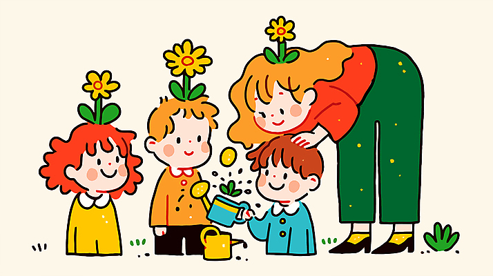 여자 남자 꽃 어린이 일러스트 허리숙이기 미소 들기 소녀 소년 여러명 성인 물뿌리개 풀잎 물주기 국내일러스트 AI파일 식물 다수 잎 모션 표정 숙이기 사람 풀_식물 파일형식 벡터