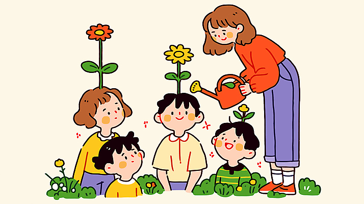 여자 남자 꽃 어린이 일러스트 허리숙이기 미소 들기 소녀 소년 여러명 성인 물뿌리개 풀잎 국내일러스트 AI파일 식물 다수 잎 모션 표정 숙이기 사람 풀_식물 파일형식 벡터
