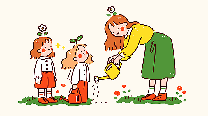 전신 여자 꽃 어린이 일러스트 허리숙이기 미소 들기 소녀 잔디 성인 세명 반짝임 물뿌리개 물주기 여자만 국내일러스트 AI파일 식물 모션 표정 숙이기 사람 파일형식 벡터