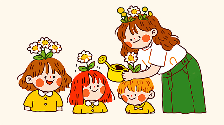 여자 남자 꽃 어린이 일러스트 허리숙이기 미소 들기 소녀 소년 여러명 성인 물뿌리개 물주기 국내일러스트 AI파일 식물 다수 모션 표정 숙이기 사람 파일형식 벡터