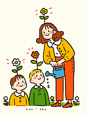여자 남자 꽃 어린이 일러스트 허리숙이기 미소 들기 소년 잔디 성인 세명 물뿌리개 물주기 국내일러스트 AI파일 식물 모션 표정 숙이기 사람 파일형식 벡터