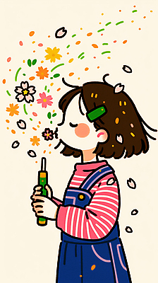 JPG 여자 꽃잎 어린이 잎 일러스트 한명 들기 소녀 상반신 눈감음 머리핀 불기 소녀한명만 국내일러스트 AI일러스트 AI콘텐츠 식물 1 꽃 장신구 모션 사람 여자한명만 소녀만 파일형식