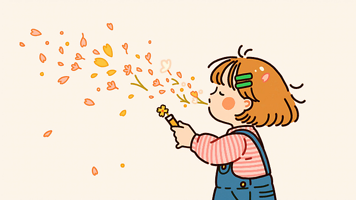 JPG 여자 꽃잎 어린이 잎 일러스트 한명 들기 소녀 상반신 눈감음 머리핀 불기 소녀한명만 국내일러스트 AI일러스트 AI콘텐츠 식물 1 꽃 장신구 모션 사람 여자한명만 소녀만 파일형식