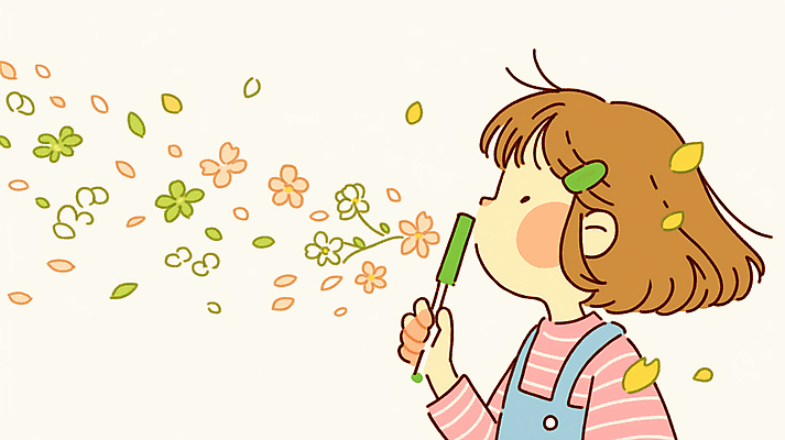 JPG 여자 꽃잎 어린이 잎 일러스트 한명 들기 소녀 상반신 머리핀 불기 소녀한명만 국내일러스트 AI일러스트 AI콘텐츠 식물 1 꽃 장신구 모션 사람 여자한명만 소녀만 파일형식