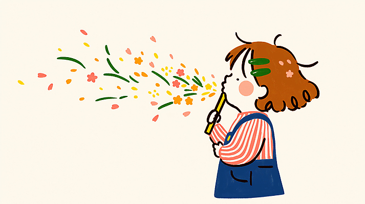 JPG 여자 꽃잎 어린이 잎 일러스트 한명 들기 소녀 상반신 머리핀 불기 소녀한명만 국내일러스트 AI일러스트 AI콘텐츠 식물 1 꽃 장신구 모션 사람 여자한명만 소녀만 파일형식