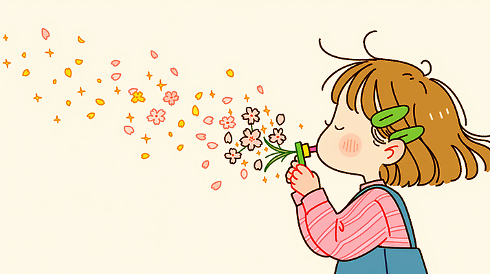 JPG 여자 꽃잎 어린이 잎 일러스트 한명 들기 소녀 상반신 반짝임 눈감음 머리핀 불기 소녀한명만 국내일러스트 AI일러스트 AI콘텐츠 식물 1 꽃 장신구 모션 사람 여자한명만 소녀만 파일형식