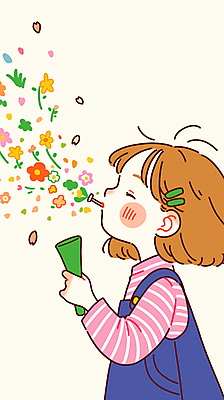 JPG 여자 꽃잎 어린이 잎 일러스트 한명 들기 소녀 상반신 눈감음 머리핀 불기 소녀한명만 국내일러스트 AI일러스트 AI콘텐츠 식물 1 꽃 장신구 모션 사람 여자한명만 소녀만 파일형식