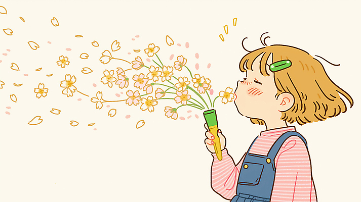 JPG 여자 꽃잎 어린이 잎 일러스트 한명 들기 소녀 상반신 눈감음 머리핀 불기 소녀한명만 국내일러스트 AI일러스트 AI콘텐츠 식물 1 꽃 장신구 모션 사람 여자한명만 소녀만 파일형식