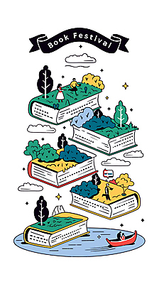 나무 구름 디자인 여자 남자 예술 일러스트 상상 여러명 성인 책 물 반짝임 라벨 나룻배 풀숲 북페스티벌 성인만 국내일러스트 AI파일 자연요소 식물 다수 배_교통 모션 프레임 사람 축제 숲 파일형식 벡터