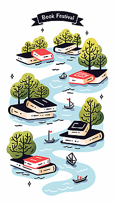 나무 디자인 예술 일러스트 상상 물줄기 사람없음 책 반짝임 라벨 나룻배 북페스티벌 국내일러스트 AI파일 식물 배_교통 모션 프레임 물 축제 파일형식 벡터