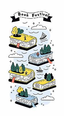 나무 구름 디자인 여자 남자 예술 일러스트 상상 성인 책 세명 물 반짝임 라벨 나룻배 북마크 북페스티벌 성인만 국내일러스트 AI파일 자연요소 식물 배_교통 모션 프레임 사람 축제 파일형식 벡터