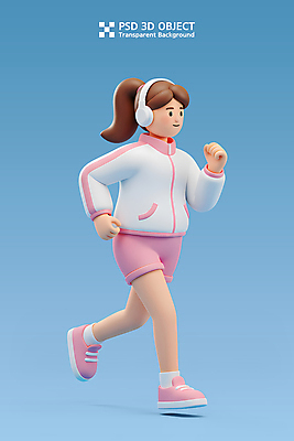 전신 PSD 편집이미지 여자 3D캐릭터 한명 미소 성인 파란색 운동복 달리기 운동 3D 헤드셋 성인여자한명만 편집3D 캐릭터 1 옷 컬러 음향기기 모션 표정 건강 사람 헤드폰 디지털합성 여자한명만 성인여자만 파일형식