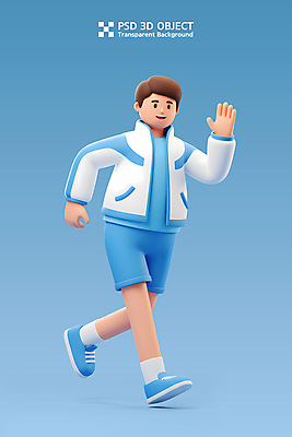 전신 PSD 편집이미지 남자 3D캐릭터 한명 미소 성인 파란색 운동복 달리기 운동 3D 손인사 성인남자한명만 편집3D 캐릭터 1 옷 컬러 모션 표정 건강 사람 인사 디지털합성 남자한명만 성인남자만 파일형식