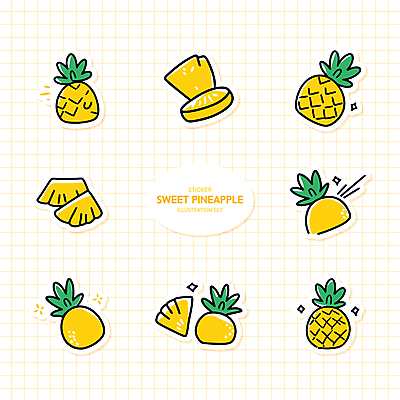 스티커 잎 일러스트 사람없음 반짝임 세트 노란색 파인애플 슬라이스 격자 국내일러스트 AI파일 식물 컬러 무늬 과일 모션 열대과일 파일형식 벡터
