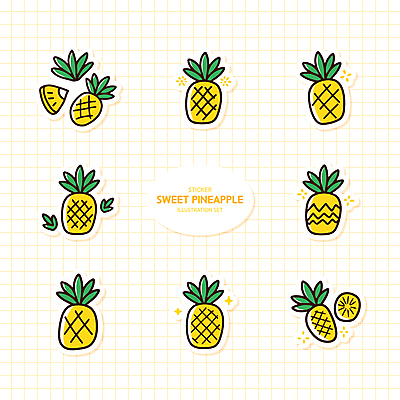 스티커 잎 일러스트 사람없음 세트 노란색 파인애플 슬라이스 격자 국내일러스트 AI파일 식물 컬러 무늬 과일 열대과일 파일형식 벡터