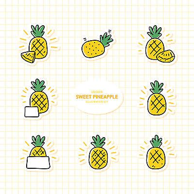 스티커 잎 일러스트 사람없음 세트 노란색 파인애플 슬라이스 격자 국내일러스트 AI파일 식물 컬러 무늬 과일 열대과일 파일형식 벡터