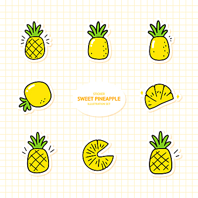 스티커 잎 일러스트 사람없음 반짝임 세트 노란색 파인애플 슬라이스 격자 국내일러스트 AI파일 식물 컬러 무늬 과일 모션 열대과일 파일형식 벡터