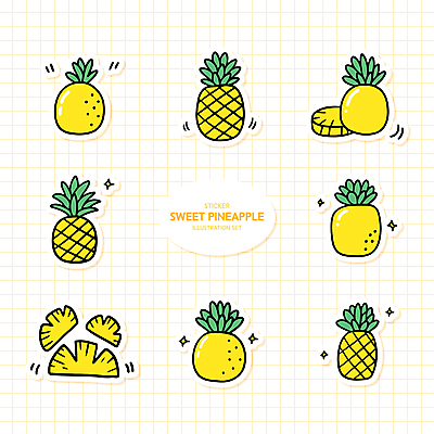 스티커 잎 일러스트 사람없음 반짝임 세트 노란색 파인애플 슬라이스 격자 국내일러스트 AI파일 식물 컬러 무늬 과일 모션 열대과일 파일형식 벡터