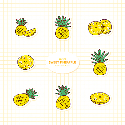 스티커 잎 일러스트 사람없음 세트 노란색 파인애플 슬라이스 격자 국내일러스트 AI파일 식물 컬러 무늬 과일 열대과일 파일형식 벡터