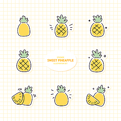 스티커 잎 일러스트 사람없음 반짝임 세트 노란색 파인애플 슬라이스 격자 국내일러스트 AI파일 식물 컬러 무늬 과일 모션 열대과일 파일형식 벡터