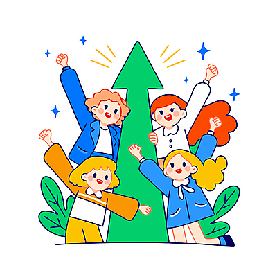 여자 화살표 일러스트 성공 협력 웃음 여러명 성인 반짝임 파이팅 만세 풀잎 즐거움 상승 성인여자만 국내일러스트 AI파일 감정 다수 컨셉 잎 모션 표정 사람 풀_식물 여자만 성인만 파일형식 벡터