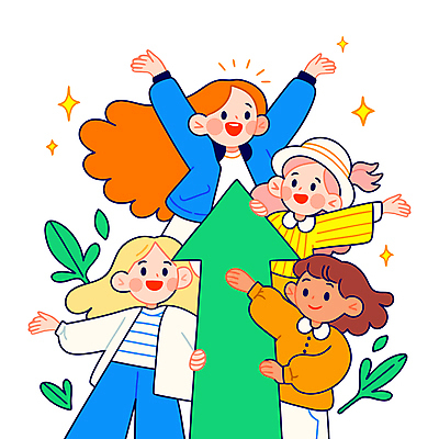 모자 여자 화살표 일러스트 성공 협력 웃음 여러명 성인 반짝임 만세 풀잎 즐거움 상승 성인여자만 국내일러스트 AI파일 잡화 감정 다수 컨셉 잎 모션 표정 사람 풀_식물 여자만 성인만 파일형식 벡터