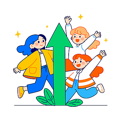 여자 화살표 일러스트 성공 협력 웃음 성인 세명 반짝임 달리기 만세 풀잎 즐거움 상승 성인여자만 국내일러스트 AI파일 감정 컨셉 잎 모션 표정 사람 풀_식물 여자만 성인만 파일형식 벡터