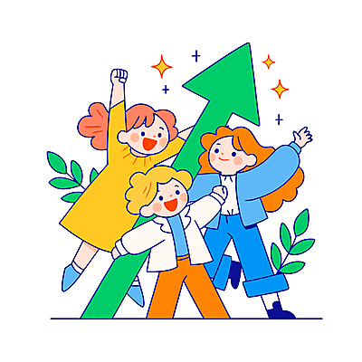 여자 남자 화살표 일러스트 성공 협력 웃음 성인 세명 반짝임 점프 만세 풀잎 즐거움 상승 성인만 국내일러스트 AI파일 감정 컨셉 잎 모션 표정 사람 풀_식물 파일형식 벡터