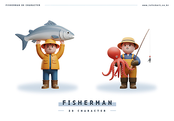 전신 PSD 편집이미지 모자 남자 3D캐릭터 직업캐릭터 미소 들기 성인 두명 3D 낚싯대 어부 참치 문어 성인남자만 편집3D 직업 캐릭터 잡화 모션 연체동물 표정 어류 사람 수중동물 낚시용품 디지털합성 남자만 성인만 파일형식