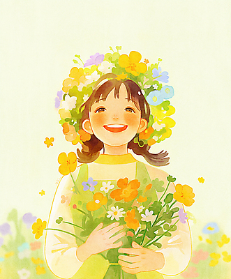 JPG 여자 행복 어린이 꽃다발 일러스트 봄꽃 한명 미소 들기 소녀 상반신 연두색 햇빛 평화 화관 봄풍경 풀잎 화사함 소녀한명만 국내일러스트 AI일러스트 AI콘텐츠 1 꽃 감정 컨셉 잎 모션 표정 사람 풍경 초록색 태양 봄 풀_식물 여자한명만 소녀만 파일형식
