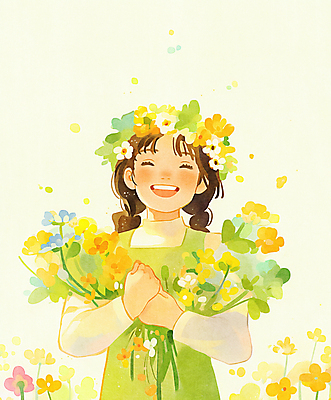 JPG 여자 행복 어린이 꽃다발 일러스트 봄꽃 한명 미소 들기 소녀 상반신 연두색 햇빛 평화 화관 봄풍경 풀잎 화사함 소녀한명만 국내일러스트 AI일러스트 AI콘텐츠 1 꽃 감정 컨셉 잎 모션 표정 사람 풍경 초록색 태양 봄 풀_식물 여자한명만 소녀만 파일형식