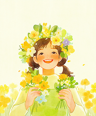 JPG 여자 행복 어린이 꽃다발 일러스트 봄꽃 한명 미소 들기 소녀 상반신 연두색 햇빛 평화 화관 봄풍경 풀잎 화사함 소녀한명만 국내일러스트 AI일러스트 AI콘텐츠 1 꽃 감정 컨셉 잎 모션 표정 사람 풍경 초록색 태양 봄 풀_식물 여자한명만 소녀만 파일형식