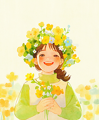 JPG 여자 행복 어린이 꽃다발 일러스트 봄꽃 한명 미소 들기 소녀 상반신 연두색 햇빛 평화 화관 봄풍경 풀잎 화사함 소녀한명만 국내일러스트 AI일러스트 AI콘텐츠 1 꽃 감정 컨셉 잎 모션 표정 사람 풍경 초록색 태양 봄 풀_식물 여자한명만 소녀만 파일형식
