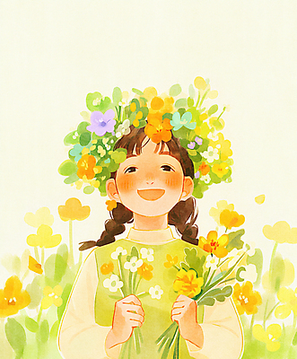 JPG 여자 행복 어린이 꽃다발 일러스트 봄꽃 한명 미소 들기 소녀 상반신 연두색 햇빛 평화 화관 봄풍경 풀잎 화사함 소녀한명만 국내일러스트 AI일러스트 AI콘텐츠 1 꽃 감정 컨셉 잎 모션 표정 사람 풍경 초록색 태양 봄 풀_식물 여자한명만 소녀만 파일형식