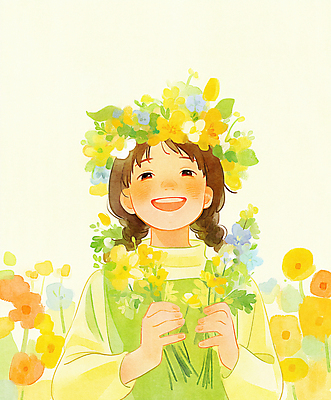 JPG 여자 행복 어린이 꽃다발 일러스트 봄꽃 한명 미소 들기 소녀 상반신 연두색 햇빛 평화 화관 봄풍경 풀잎 화사함 소녀한명만 국내일러스트 AI일러스트 AI콘텐츠 1 꽃 감정 컨셉 잎 모션 표정 사람 풍경 초록색 태양 봄 풀_식물 여자한명만 소녀만 파일형식
