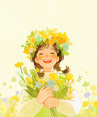 JPG 여자 행복 어린이 꽃다발 일러스트 봄꽃 한명 미소 들기 소녀 상반신 연두색 햇빛 평화 화관 봄풍경 풀잎 화사함 소녀한명만 국내일러스트 AI일러스트 AI콘텐츠 1 꽃 감정 컨셉 잎 모션 표정 사람 풍경 초록색 태양 봄 풀_식물 여자한명만 소녀만 파일형식