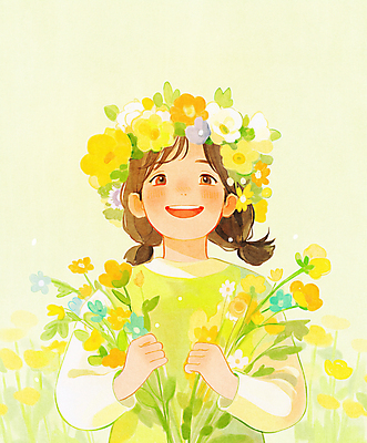 JPG 여자 행복 어린이 꽃다발 일러스트 봄꽃 한명 미소 들기 소녀 상반신 연두색 햇빛 평화 화관 봄풍경 풀잎 화사함 소녀한명만 국내일러스트 AI일러스트 AI콘텐츠 1 꽃 감정 컨셉 잎 모션 표정 사람 풍경 초록색 태양 봄 풀_식물 여자한명만 소녀만 파일형식