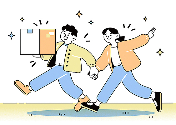 전신 커플 여자 남자 이동 일러스트 가족 신혼부부 함께함 미소 들기 성인 두명 반짝임 상자 달리기 손잡기 이삿짐 성인만 국내일러스트 AI파일 부부 컨셉 관계 모션 표정 사람 이사 신혼 파일형식 벡터