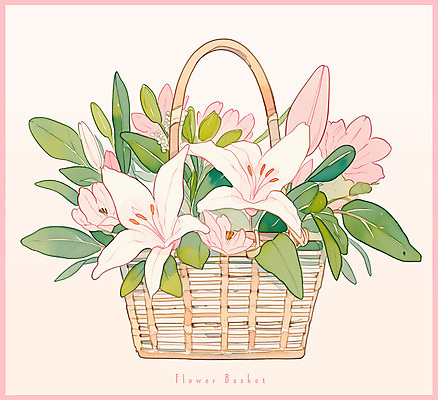 PSD 분홍색 일러스트 봄꽃 사람없음 빈티지 풀잎 백합 오브젝트 꽃바구니 국내일러스트 꽃 컬러 컨셉 잎 바구니 봄 풀_식물 파일형식