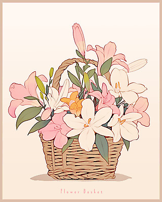 PSD 분홍색 일러스트 봄꽃 사람없음 빈티지 풀잎 백합 오브젝트 꽃바구니 국내일러스트 꽃 컬러 컨셉 잎 바구니 봄 풀_식물 파일형식